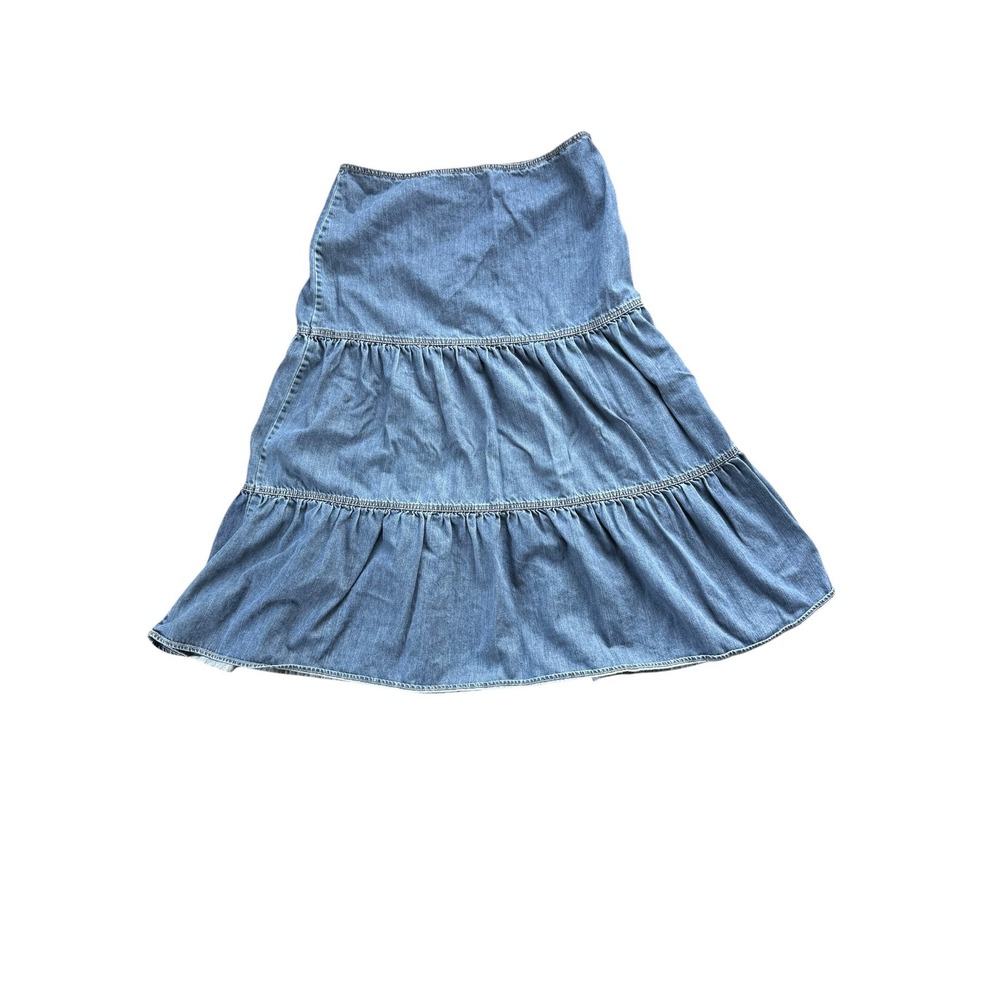 Vintage Denim Maxi Skirt Womens 10 tiered Blue Liz Claiborne zipper closure 90's